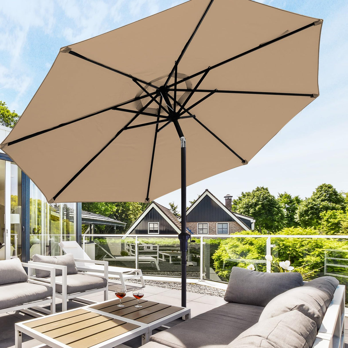 wikiwiki 9FT Patio Umbrellas with Base Included, Outdoor Umbrella with Sandbag Base, 8 Sturdy Ribs, Fade Resistant Waterproof POLYESTER DTY Canopy for Garden, Lawn, Deck, Backyard & Pool，Tan wikiwiki