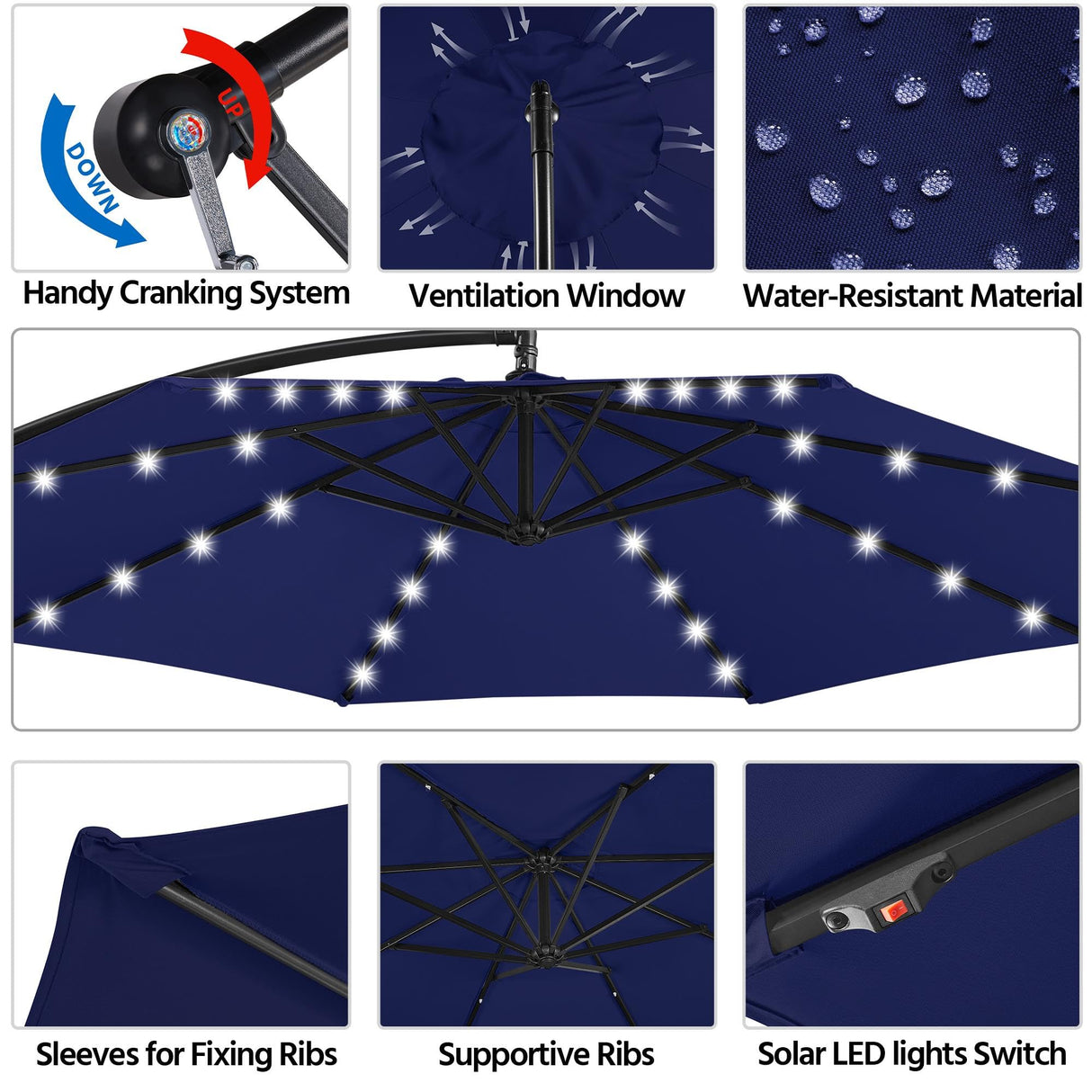 Yaheetech 10FT Solar Offset Umbrella with 32 LED Lights Cantilever Hanging Outdoor Umbrellas Handy Crank & Cross Base for Lawn/Deck/Backyard/Pool Navy Blue Yaheetech