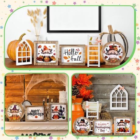 48 Pcs Interchangeable Seasonal Tiered Tray Decor Set Farmhouse Holiday Fall Halloween Tiered Decorations Include Wood Frames with Ladders Cards Bow Knot (New Color,Highland Cow) Bencailor