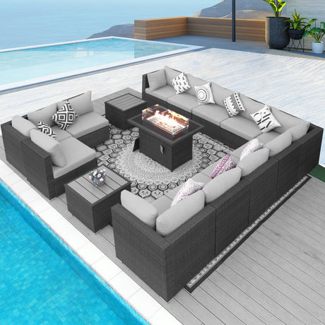 NICESOUL® 15 Piece Luxury Large Patio Furniture Sofa Set with Natural Gas/Propane Fire Pit Table, 29.3" High Back Outdoor Conversation Set, Outside PE Rattan Sectional Sofa, Light Gray NICESOUL