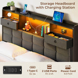 Rolanstar Bed Frame Full Size with Drawers and Charging Station, Upholstered Platform Bed with Storage Headboard and LED Light, Heavy Duty Metal Frame Support, No Box Spring Needed, Noise Free, Grey Rolanstar