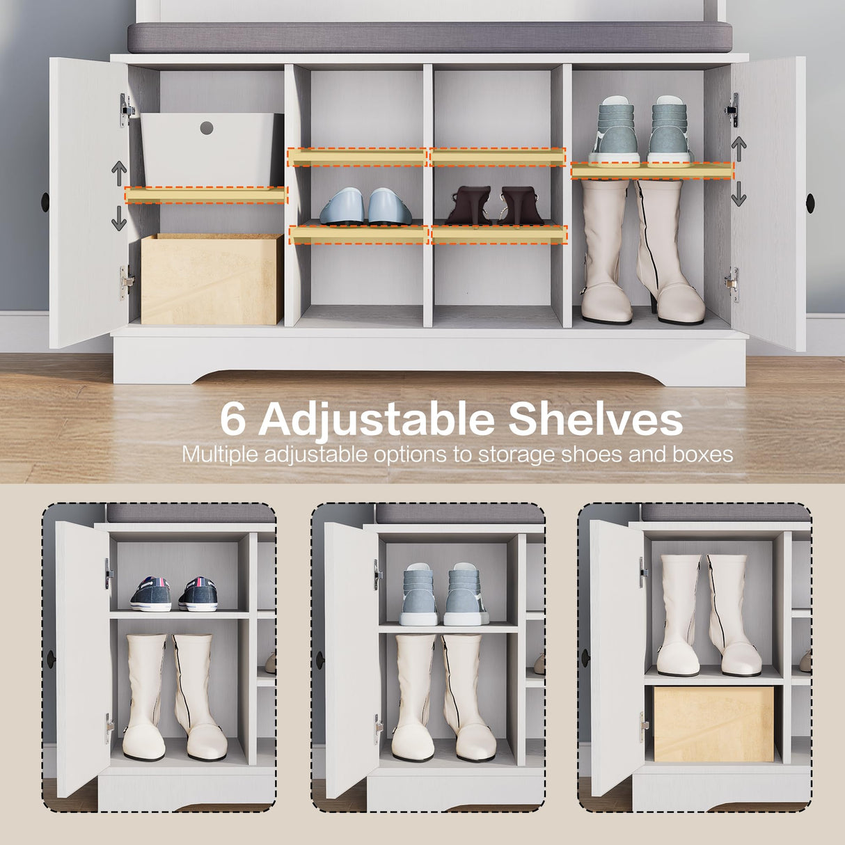 spanspace 71" Hall Tree with Bench and Shoe Storage, Entryway Hall Tree with 2 Doors and 6 Adjustable Shelves, Cushioned Mudroom Storage Bench with Coat Rack for Hallway and Living Room spanspace