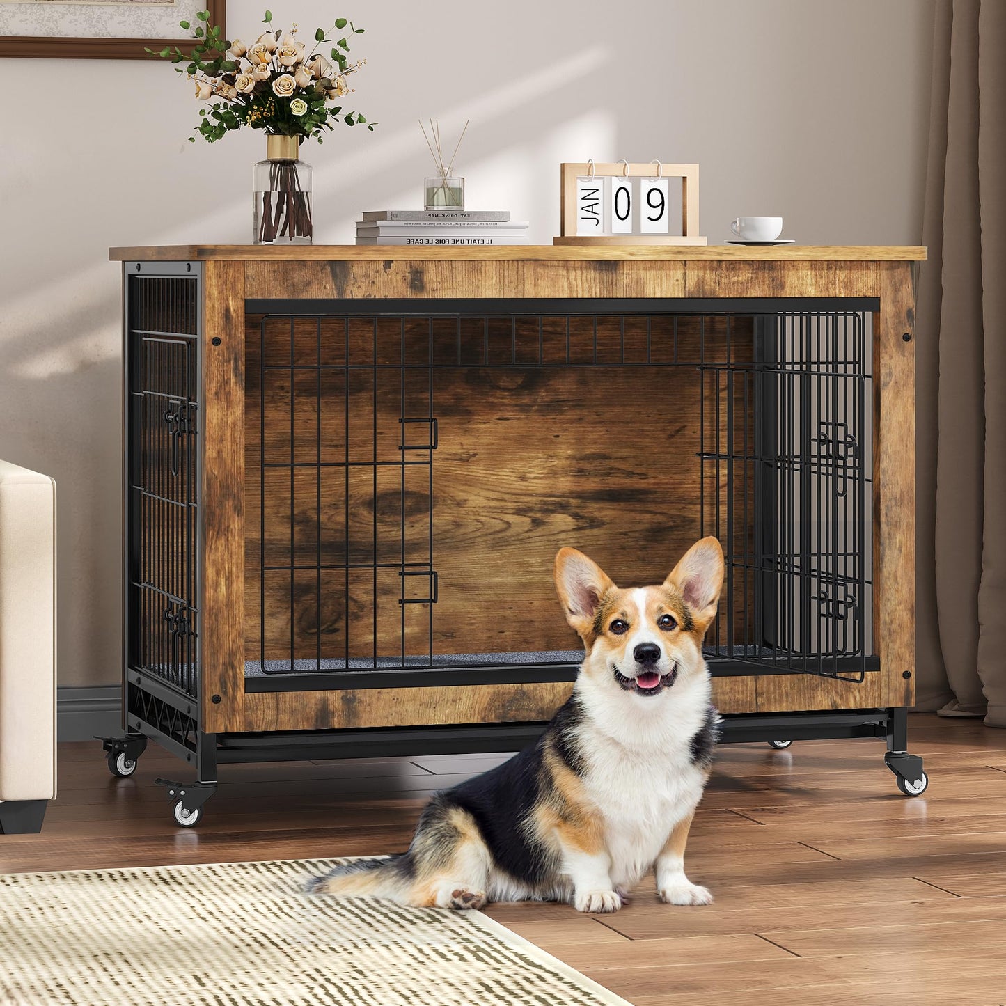 YITAHOME Dog Kennel Furniture with Wheels, Wooden Dog Crate Furniture with Cushion, Dog Crate End Table with Tray, 38" Dog Cage with Double Doors for Small/Medium Dog (Rustic Brown)