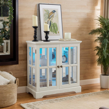 CKEASEAN 32" H LED Antique Curio Cabinet with Smartphone-Controlled, Lighted Glass Display Cabinet - Retro Lattice Door Showcase, Elegant Adjustable Shelves for Living Room (White) CKEASEAN