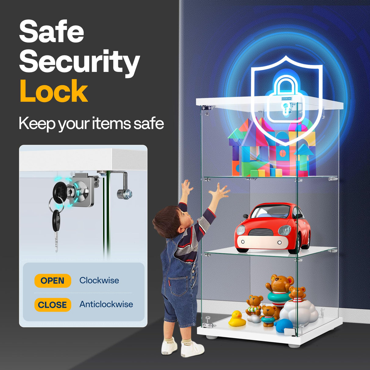 VIVOHOME 3 Layers 16''W x 16''D x 33''H Glass Display Cabinet Showcase Countertop with Lock, 4mm Tempered Glass 25mm MDF Base VIVOHOME