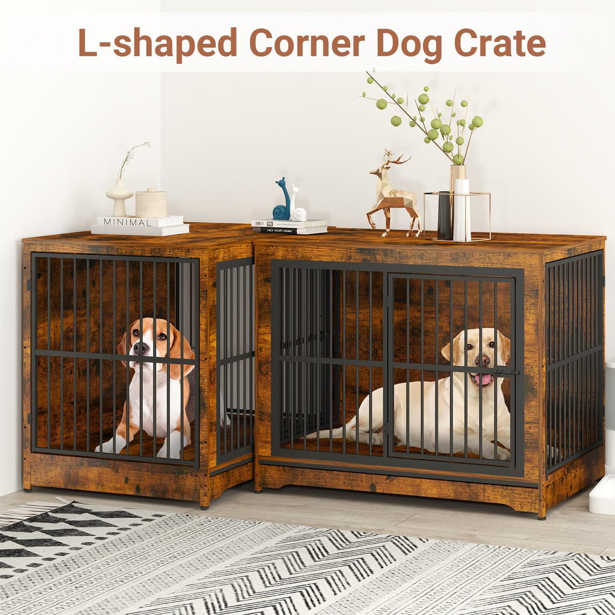 Yafylly 86 Inch Double Dog Crate Furniture with Divider, 4 Combination Forms Large Dog Kennel Furniture for 2 Dogs, Rustic Brown Corner Dog Kennel for Small Medium Large Dogs Yafylly