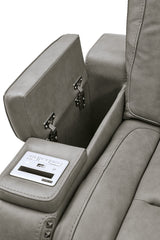 Signature Design by Ashley The Man-Den Leather Power Reclining Loveseat with Center Console, Adjustable Headrest & Wireless Charging, Gray Signature Design by Ashley