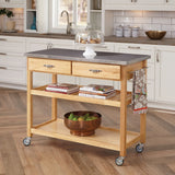 Home Styles Natural Designer Utility Kitchen Cart with Stainless Steel Top, Two Utility Drawers, Adjustable Shelf and Industrial Casters, Optional Wine Storage,Brown homestyles