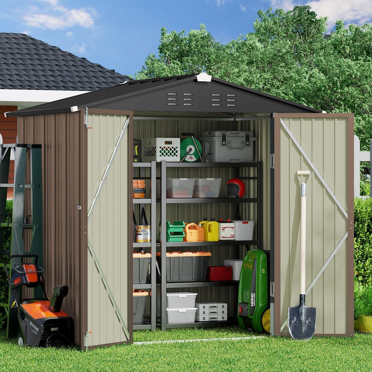 Gizoon Outdoor Storage Shed 6 x 4 FT, Galvanized Metal Garden Shed with Double Lockable Doors, Outdoor Storage Clearance for Backyard Patio Lawn-Light Brown Gizoon