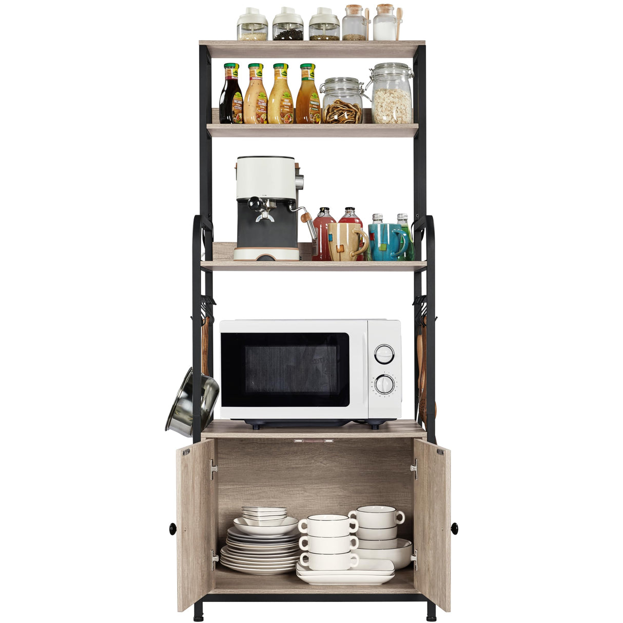Yaheetech 4-Tier Kitchen Bakers Rack with Storage Cabinet and Hutch, Microwave Oven Stand Coffee Bar Pantry Cabinet with 8 S Hooks, Freestanding Kitchen Shelves Spice Rack, Gray Yaheetech