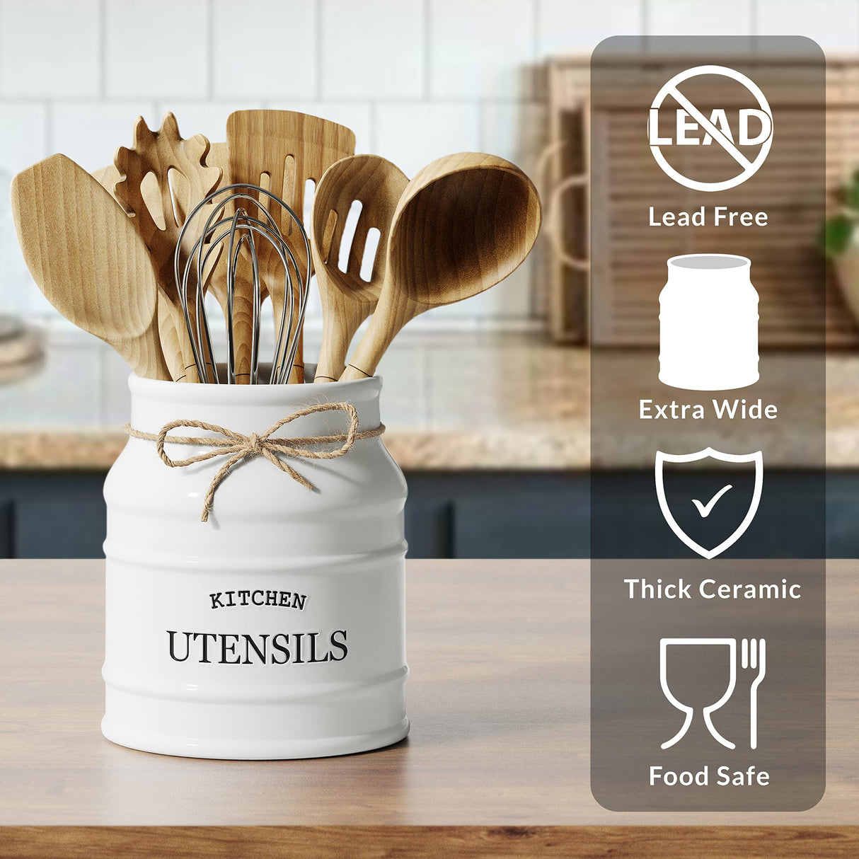 Barnyard Designs Ceramic Farmhouse Utensil Holder for Kitchen Counter, Large Rustic Utensil Crock, Countertop Cooking Tool Spatula Organizer, 6.75” (White) Barnyard Designs