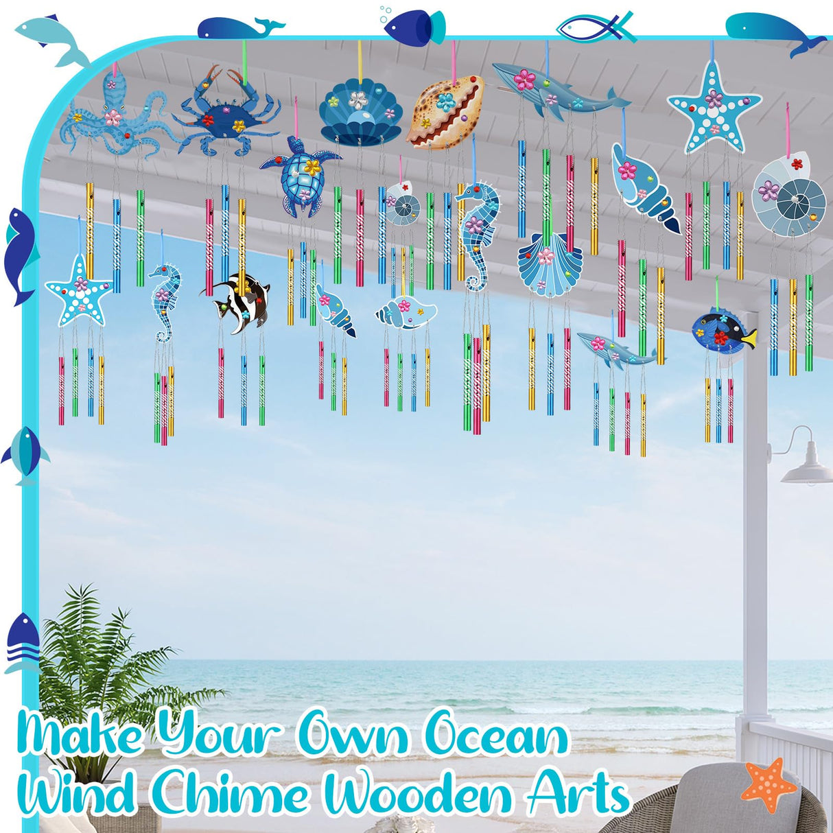 128 Pcs Summer Ocean Wind Chime Making Kit Make Your Own Sea Animals Wind Chime Wooden Ocean Animals Arts Ornaments for DIY Crafts Activity Birthday Summer Party Decoration Anglechic