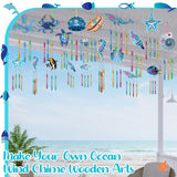 128 Pcs Summer Ocean Wind Chime Making Kit Make Your Own Sea Animals Wind Chime Wooden Ocean Animals Arts Ornaments for DIY Crafts Activity Birthday Summer Party Decoration Anglechic