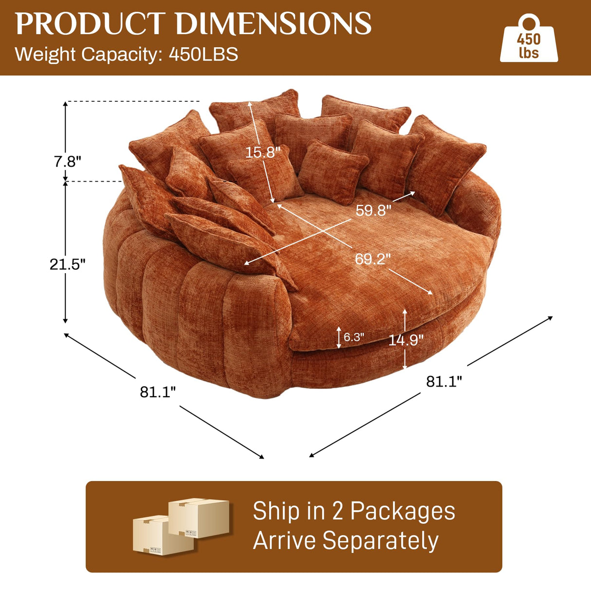 81” Oversized Upholstered Sofa Bed, Round Chaise Lounge Chair Indoor, Fluffy Plush Chaise Lounge, Modern Chenille Cloud Couch with Deep Seat, Comfy Bean Bag Chiar for Living Room Apartment, Orange BEQAI