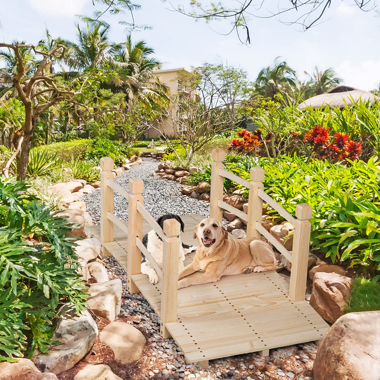 S AFSTAR Garden Bridge, 5FT Wooden Arc Footbridge for Outdoors with Safety Guardrails, Decorative Landscaping for Garden Yard Walkway Creek Farm, 400 LBS Capacity (Natural Finished) S AFSTAR