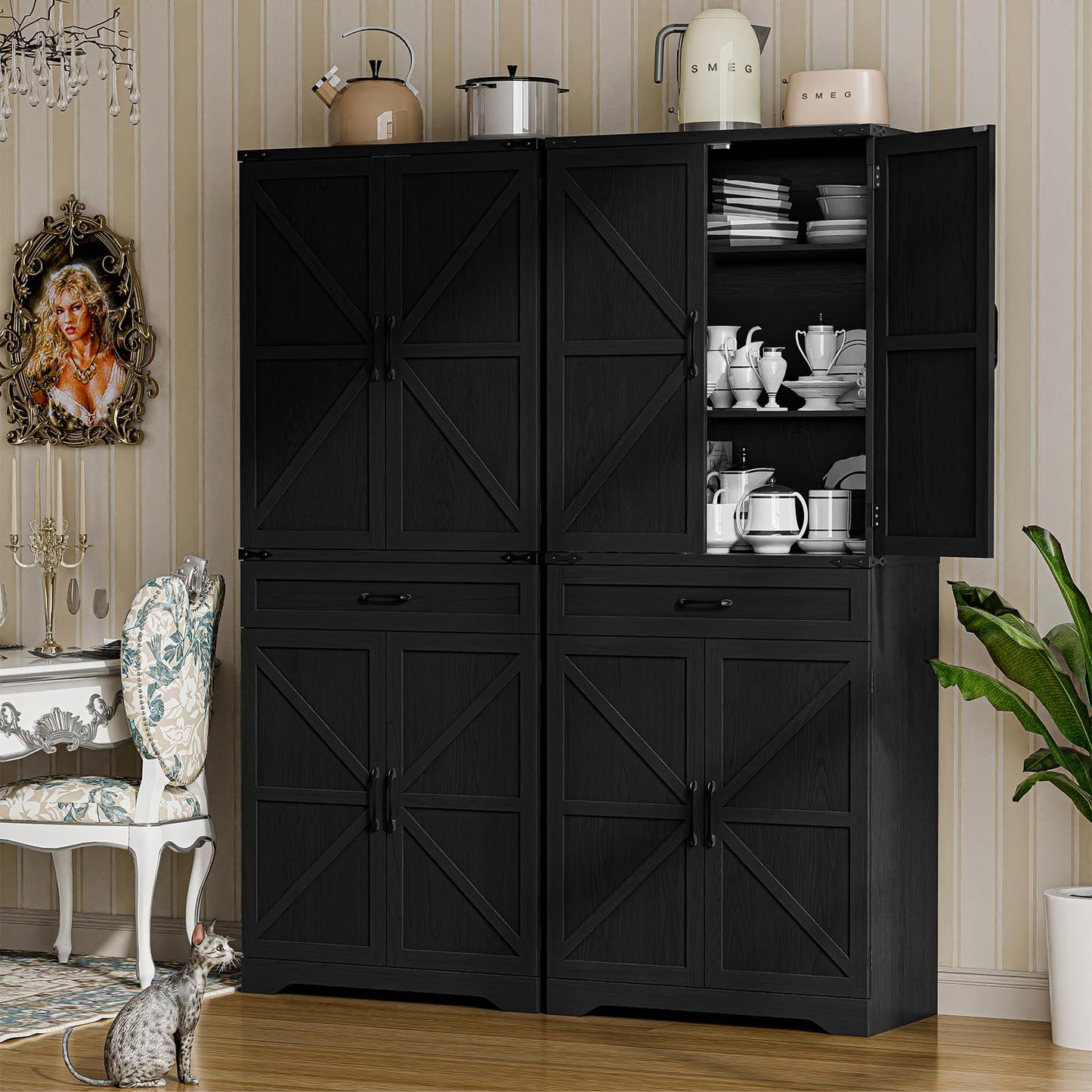 72" Kitchen Pantry Storage Cabinet, Farmhouse Storage Cabinet with Adjustable Shelves, Large Capacity Storage Cabinet with Drawer,Freestanding Cupboard for Kitchen, Dining Room, Living Room, Black