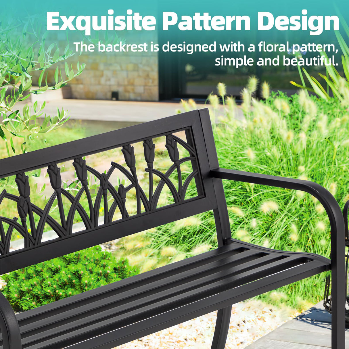 AVAWING Outdoor Bench, 2-Person Garden Benches for Outside, Metal Frame Patio Seating with Floral Pattern Backrest, Armrests for Lawn, Park, Porch, Entryway, Black AVAWING