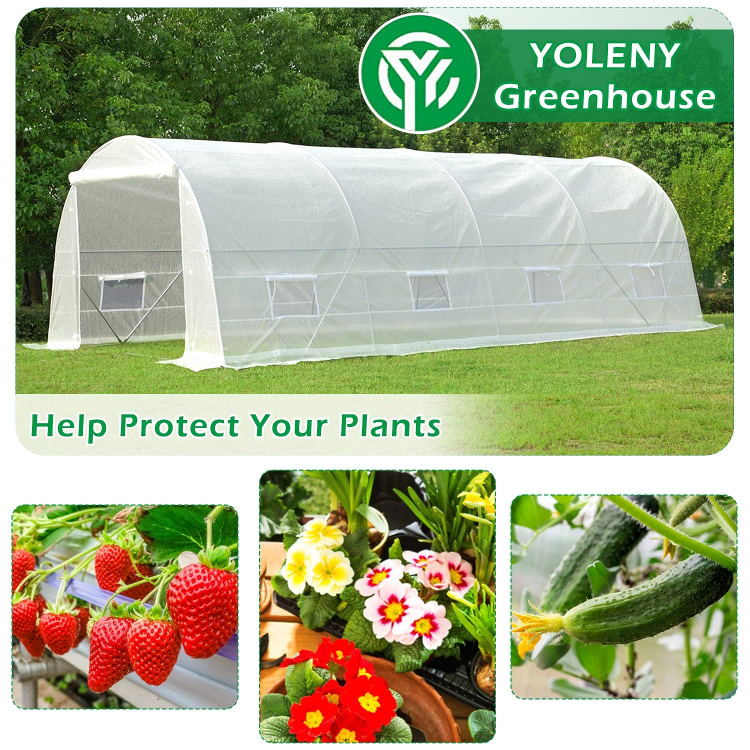 YOLENY 20' x 10' x 7' Heavy Duty Greenhouse for Outdoors,Tunnel Greenhouse with A Large Zipped Roll Up Door and 8 Roll Up Windows, White - WoodArtSupply