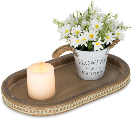 Hanobe Decorative Serving Tray Wood: Brown Bead Oval Tray for Coffee Table Rustic Wooden Trays Decor Farmhouse Kitchen Counter Tray Vintage Centerpiece for Living Room Home Organizer Hanobe