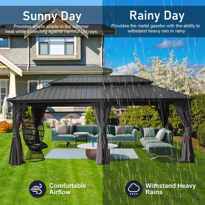 Domi Hardtop Gazebo 12x20FT, Aluminum Outdoor Gazebo with Galvanized Steel Double Roof Canopy, Curtains and Netting Included, Metal Gazebo Permanent Pavilion for Patio, Lawn, Garden, Gray - WoodArtSupply