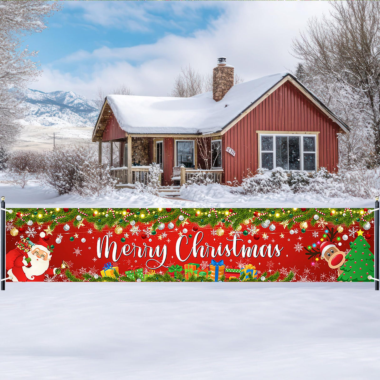 Lecheme Merry Christmas Banner 8x1.6 ft Yard Fence Backdrop Outdoor Red Santa Christmas Party Decorations Lecheme