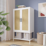Gyger Wardrobe Closet with 2 Doors，Rattan Bedroom Armoires with Hanging Rod Freestanding Wooden Wardrobe Cabinet with Shelves,White Gyger