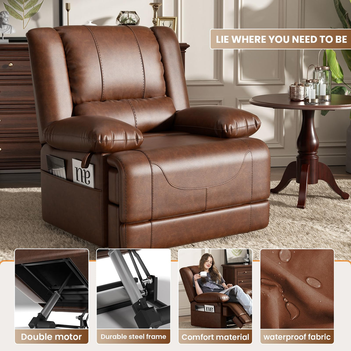 Couchus Infinite Position Dual Motor Power Lift Chair Lay Flat Sleeper Recliner Chair with Massage and Heating for Elderly, USB Ports and Remote Control,Breathable Leather (Red Brown) Couchus