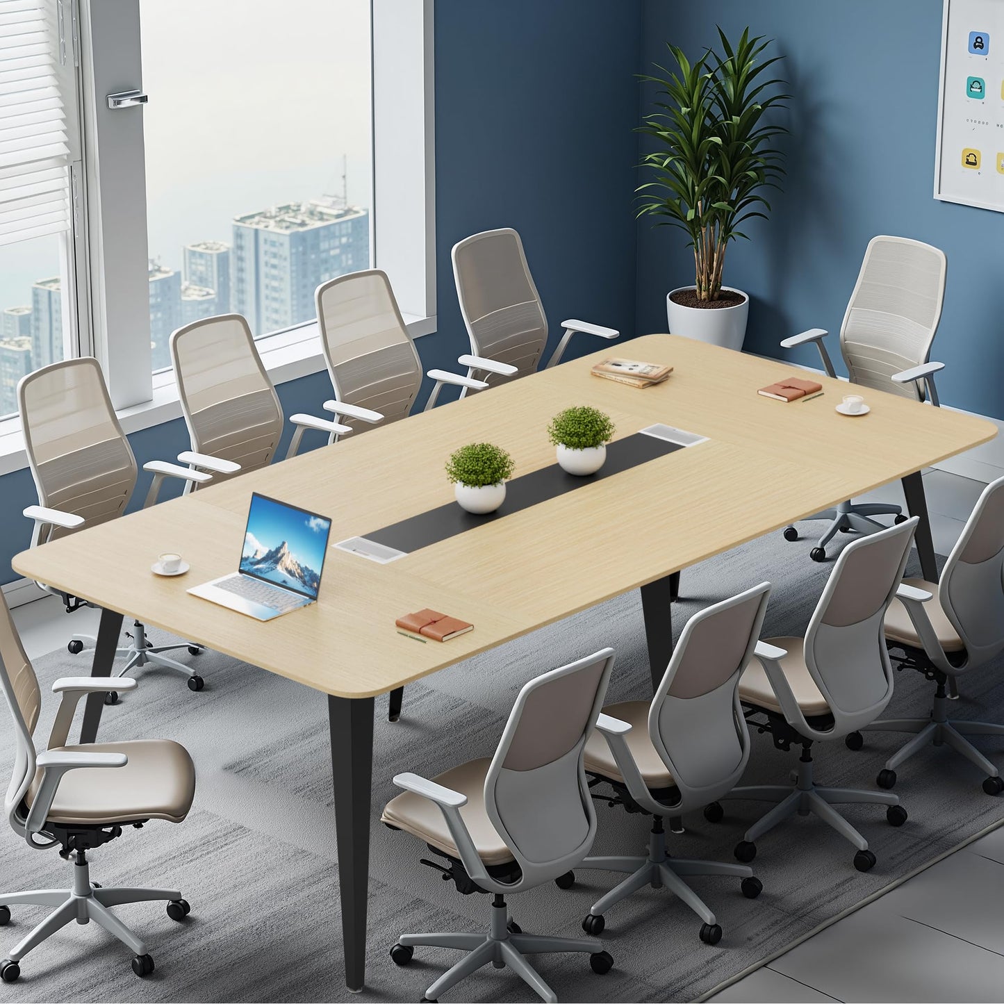 Furmax 8FT Conference Table, 94.48” Meeting Seminar Table with Cable Grommets, Boardroom Table Workstation for Office Conference, Meeting Room (Light Oak)