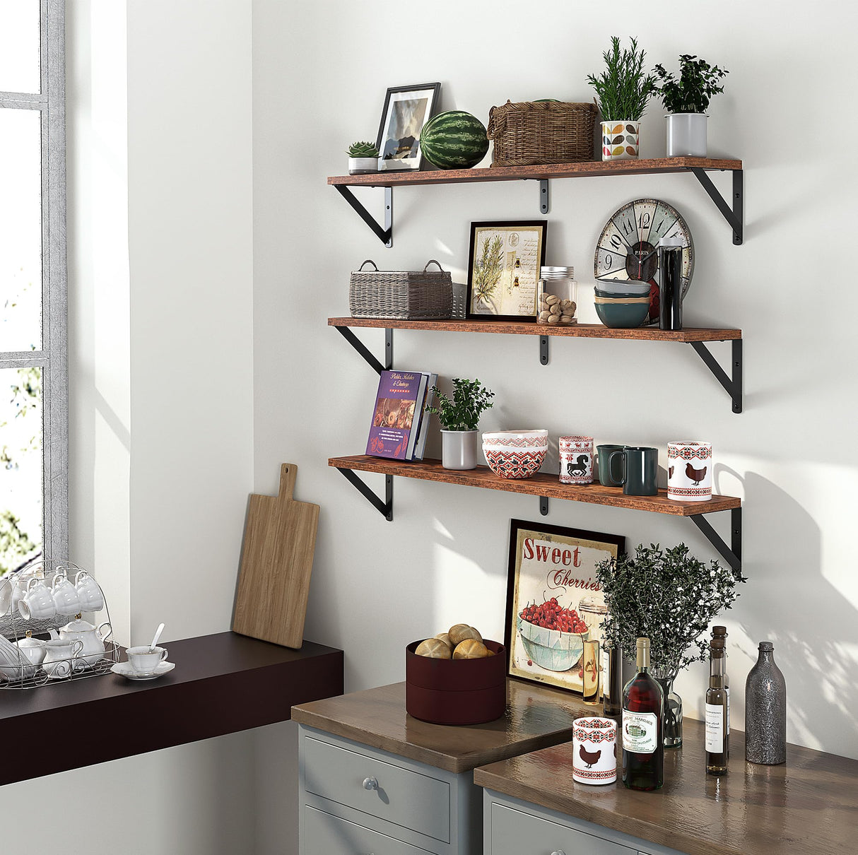 Heimlove Floating Shelves for Wall, 36 Inch Long Wood Floating Bookshelf Set of 3, Wall Mounted Hanging Shelf for Bathroom Bedroom Kitchen, Rustic Brown Heimlove