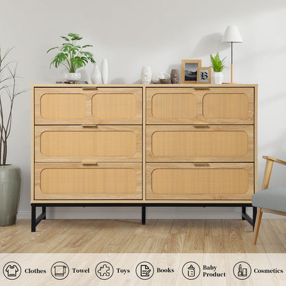 Fiogmub Rattan 6 Drawer Dresser, Chest of Drawers，Modern Mid Century Closet Storage Wood Bamboo Furniture Accent Storage Cabinet Bedroom Living Room Dining Room