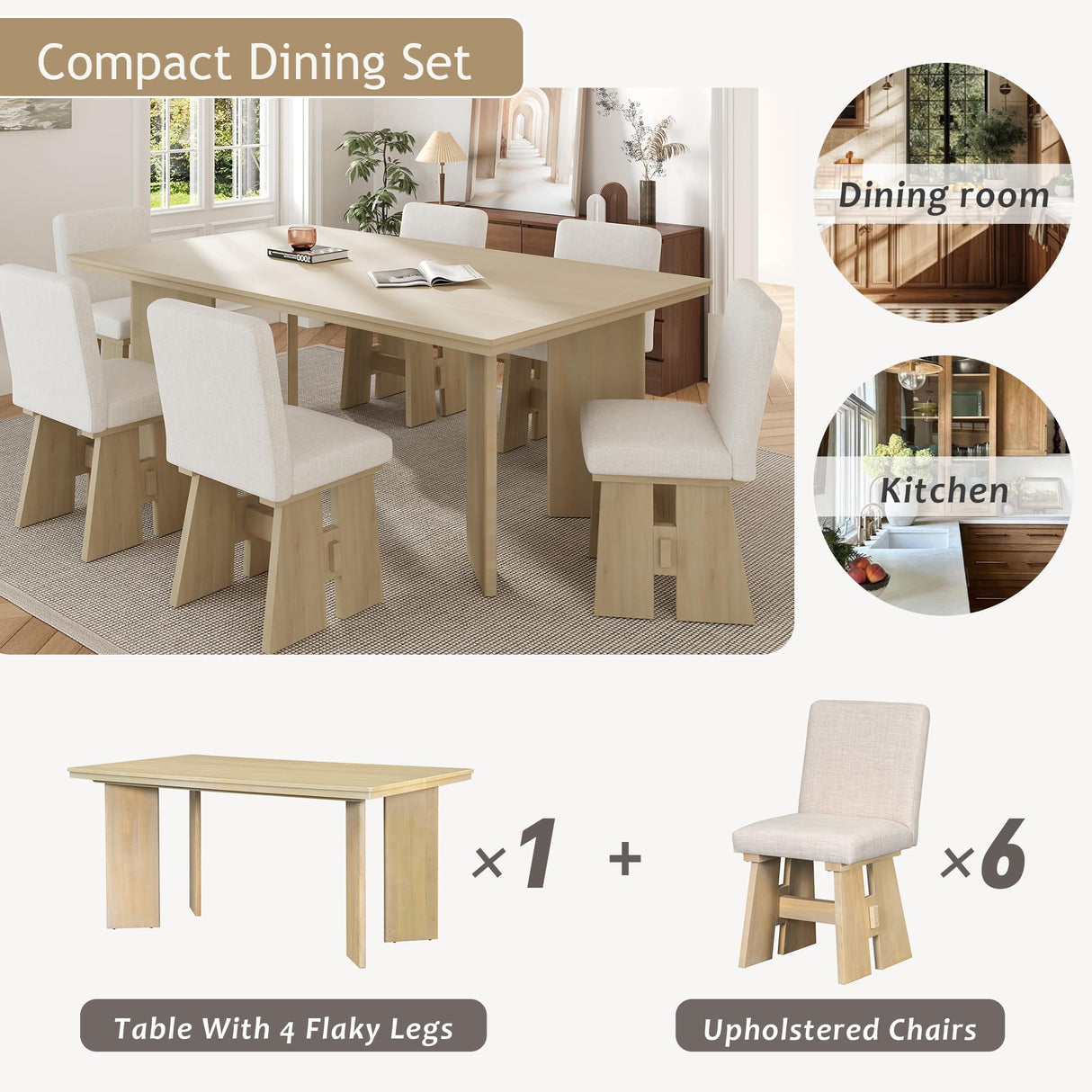 THINK 30 Modern 7-Piece Dining Table Set with 6 Upholstered Dining Chairs, Natural THINK 30