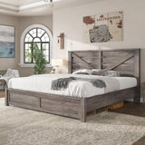 AMERLIFE King Size Farmhouse Bed Frame with 49.2" Barn Door Headboard, Platform Bed Frame with Wood Slats, Under Bed Storage Space, Easy Assembly, Noisy Free, Rustic Gray AMERLIFE