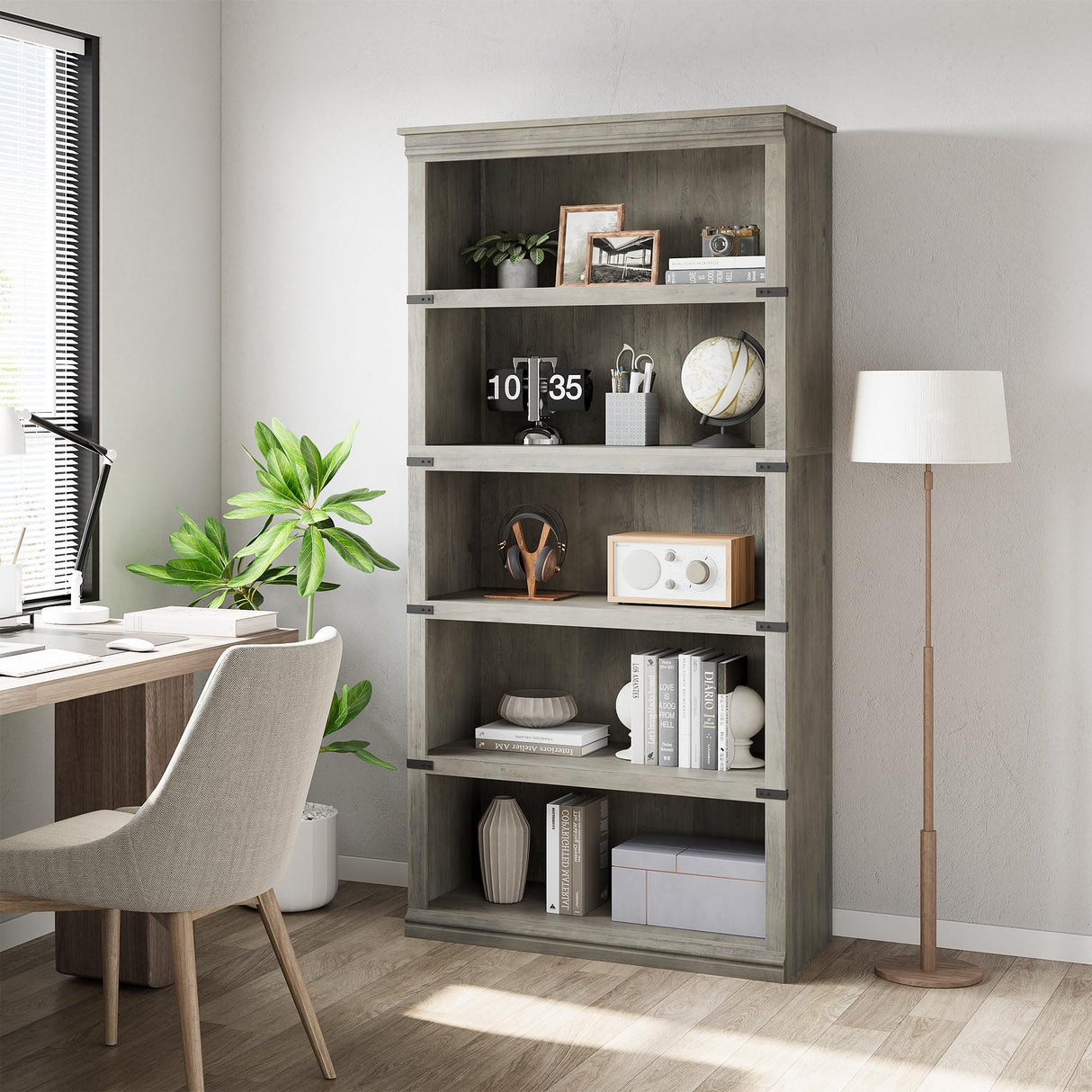 GAOMON 5 Tier Bookcase, Farmhouse Book Shelf with Storage Open Display Bookshelves, 67.4" Tall Book Case Wooden 5 Shelf Bookcase Home Decor Furniture for Home Office, Living Room, Bed Room - Grey GAOMON