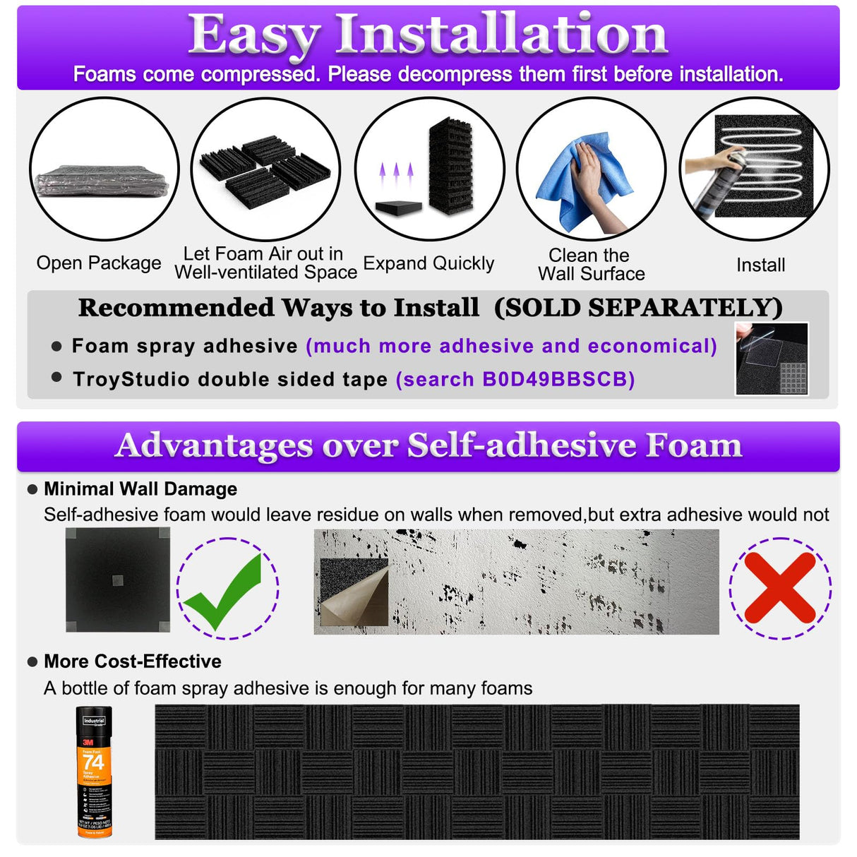 TroyStudio Thick Acoustic Foam Panels, 12 X 12 X 2 Inch 18 Pcs Broadband Sound Absorbing Foam, Dense Soundproof Padding Tile, Recording Studio Foam Absorber, Groove Decorative 3D Wall Ceiling Panel TroyStudio