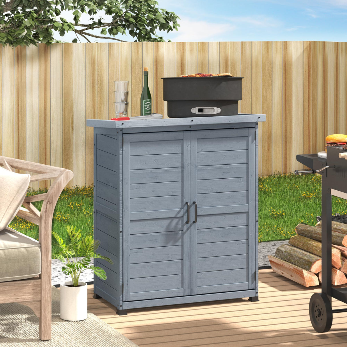AECOJOY Outdoor Storage Cabinet, Solid Wood Planting Work Bench, Garden Potting Bench Table with Metal Tabletop and Adjustable Shelves, Grey AECOJOY