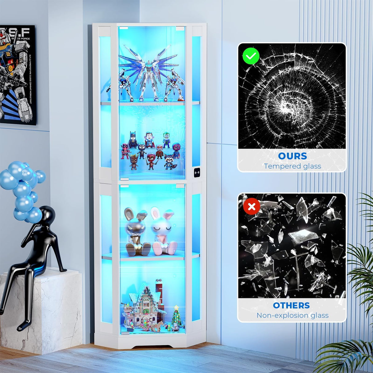 BROTTAR 65" Corner Glass Display Cabinet with LED Lights, 4-Tier Showcase Display Case with Glass Doors & Human Body Sensor, Curio Cabinet for Collectibles, Figure, Liquor, White BROTTAR