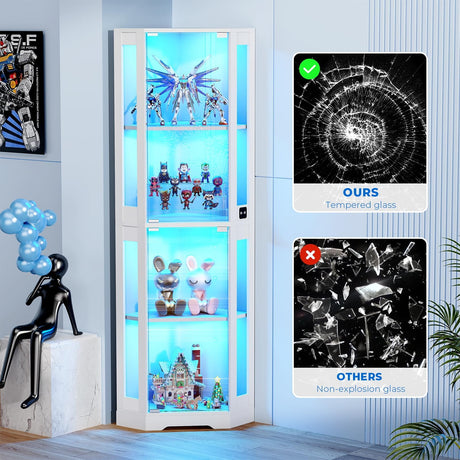 BROTTAR 65" Corner Glass Display Cabinet with LED Lights, 4-Tier Showcase Display Case with Glass Doors & Human Body Sensor, Curio Cabinet for Collectibles, Figure, Liquor, White BROTTAR