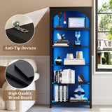 jajov 5-Tier Wooden Bookshelf with LED Lights, 70 Inch Tall Bookshelf with Storage, Floor Standing Modern Style Display Bookcase for Living Room, Office, Study Room, Entryway - Black jajov