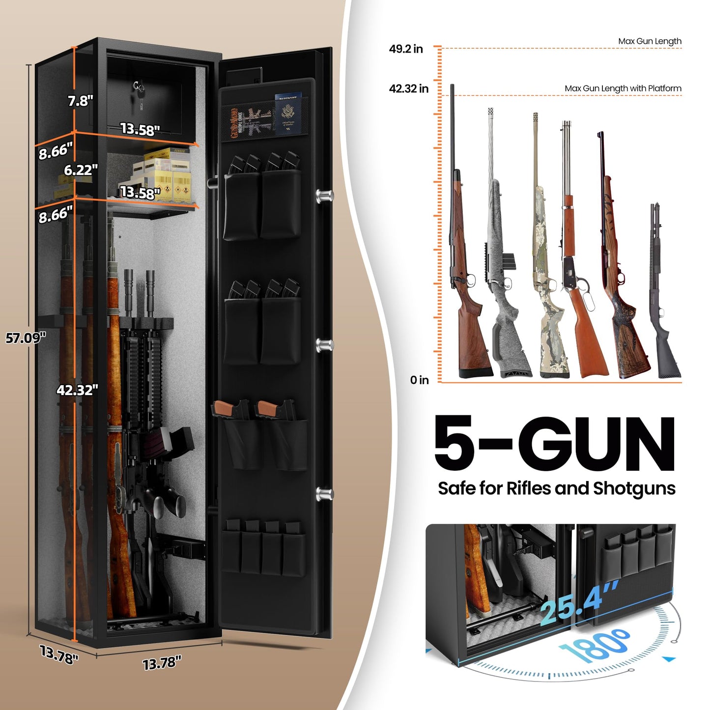 KornerBatl 110 lb Biometric Gun Safe for Rifles and Pistols with Power Outlet Kit (2 USB & Standard Outlets) - Quick Access 5 Gun Safes & Cabinets with Gun Organizer, Removable Shelf and LED Light