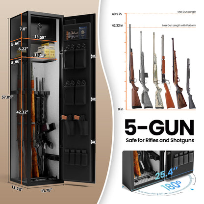 KornerBatl 110 lb Biometric Gun Safe for Rifles and Pistols with Power Outlet Kit (2 USB & Standard Outlets) - Quick Access 5 Gun Safes & Cabinets with Gun Organizer, Removable Shelf and LED Light