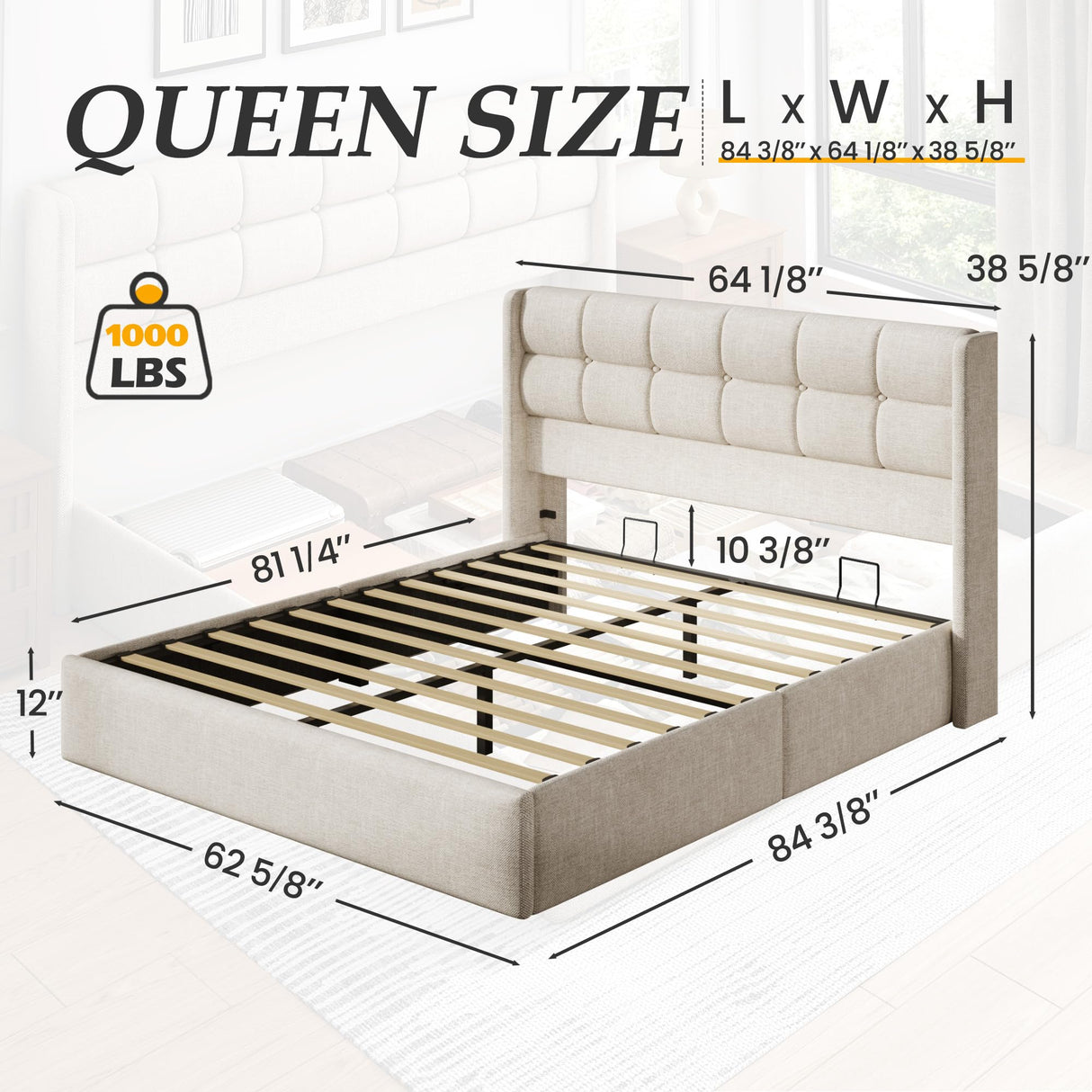 Lifezone Queen Size Storage Bed Frame with Hydraulic Lift & Wingback Headboard, Linen Upholstered, Space Saving Platform, No Box Spring Needed, Noise Free, Strong Support, Modern Furniture, Beige Lifezone