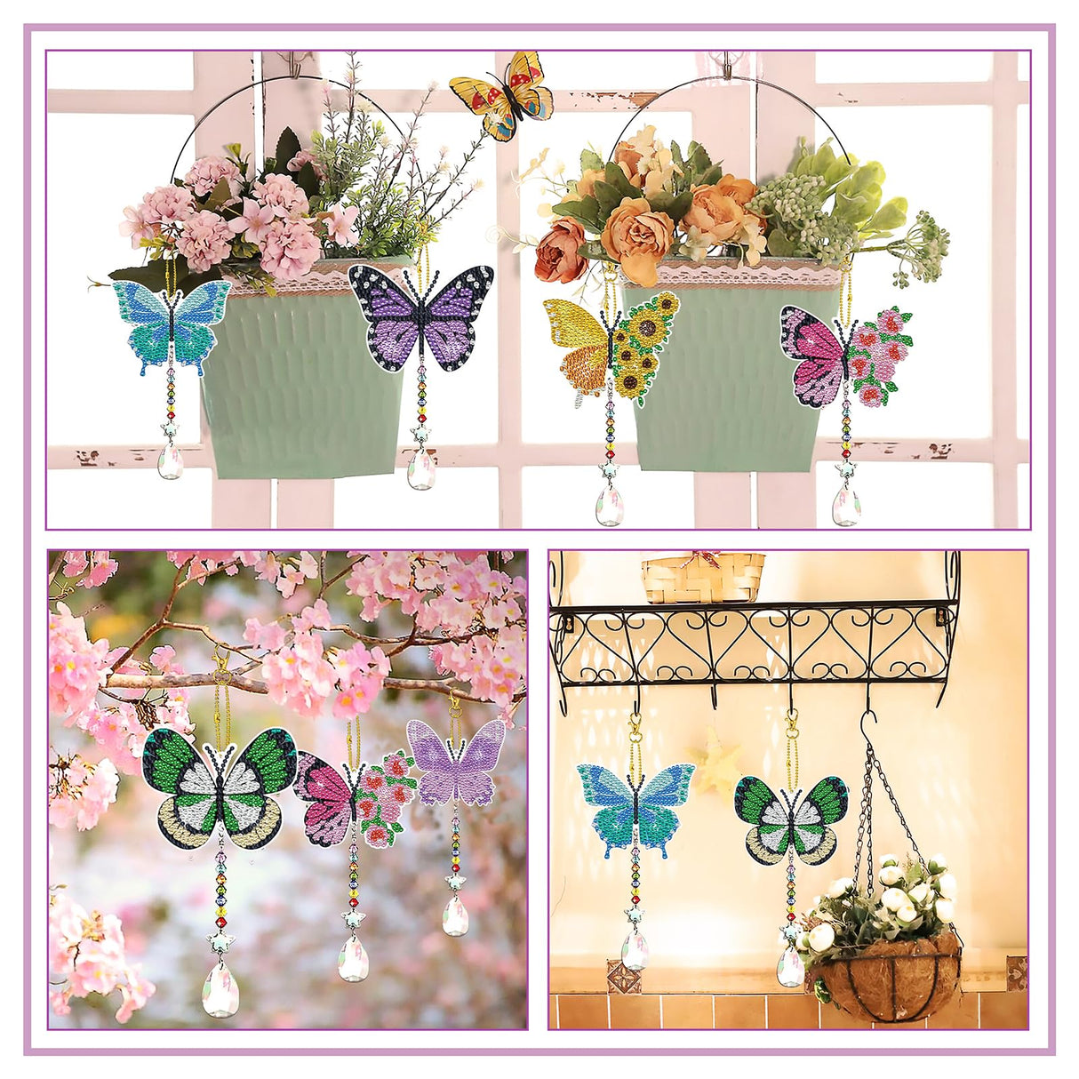 JeCuiK 6 Pcs Butterfly Diamonds Paintings Kits Suncatcher Double Sided Rhinestone Painting Wind Chimes 5D DIY Diamond Painting Kits Paint by Number Crystal Hanging Ornaments Mom Gifts JeCuiK