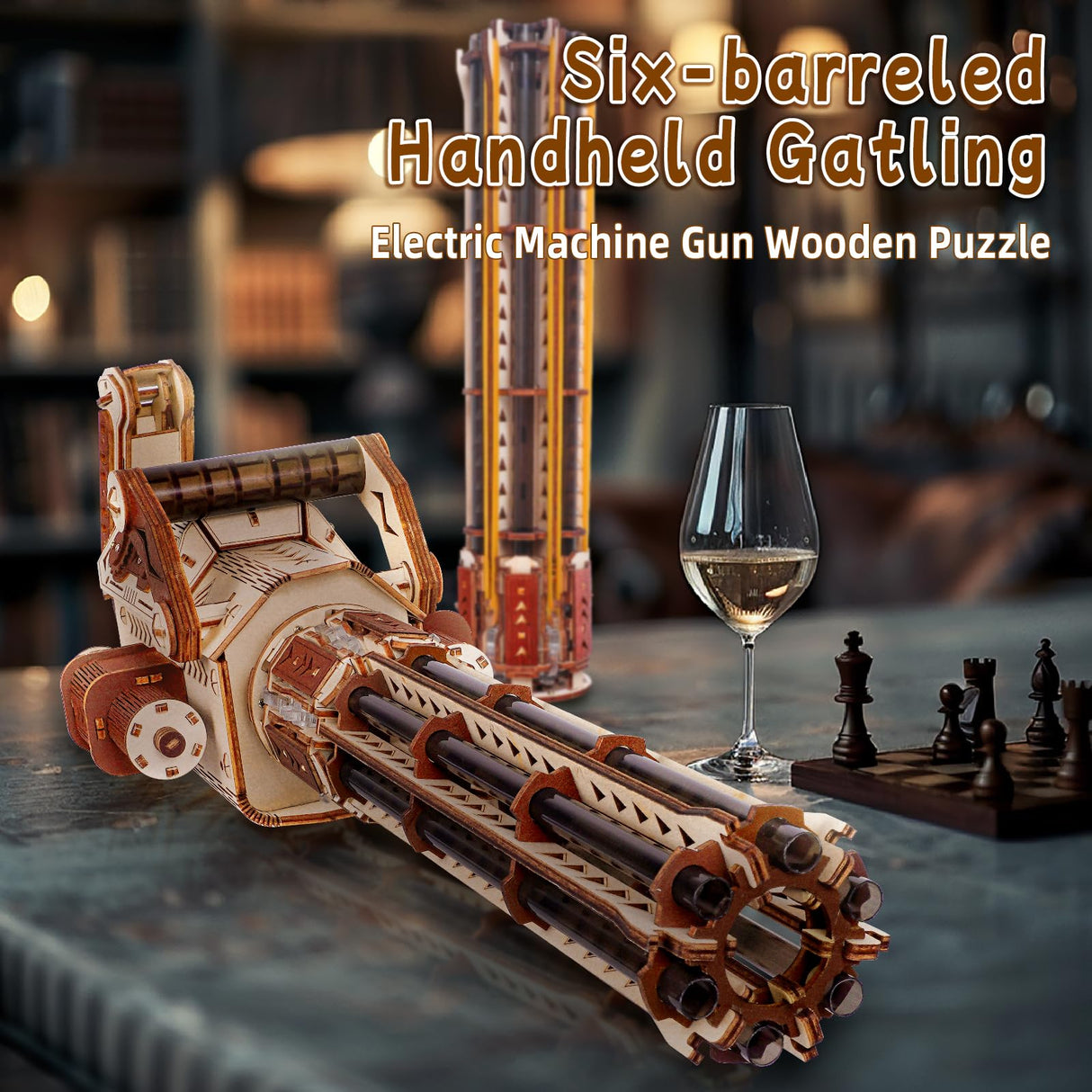3D Wooden Puzzle Gun for Adults, Rubber Band 3D Gun Puzzle, Electric Gatling Gun Model Building Kit, Wood 3D Puzzle, Hobby Kits for Men, Wooden Building Set for Adults Teens (272 PCS) OWNONE 1