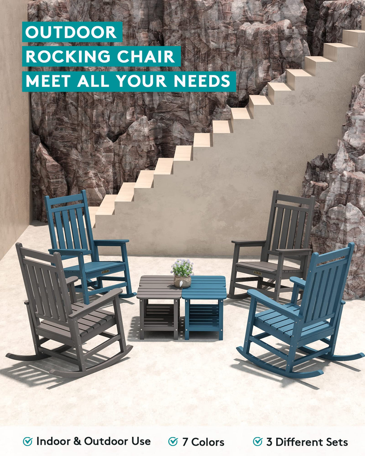 SERWALL Outdoor Rocking Chair Set of 2, HDPE Rocking Chairs for Adult, All Weather Porch Rockers for Lawn Garden, Grey SERWALL