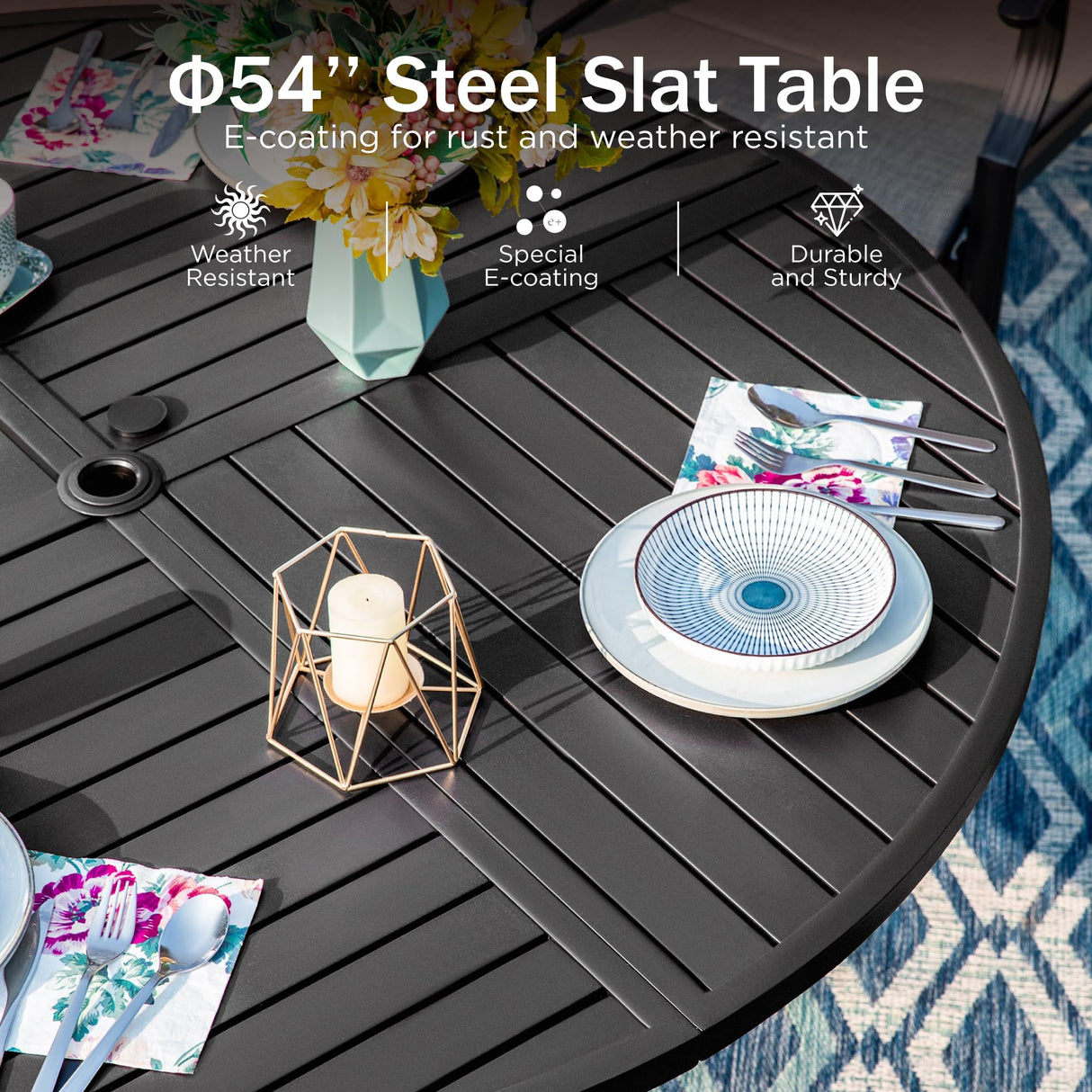 PHI VILLA 7 Pieces Patio Dining Set, Outdoor Round Table and Chairs for 6, 52" Round Dining Table with Umbrella Hole & 6 Heavy Metal Wicker Chairs with Thick Cushions PHI VILLA