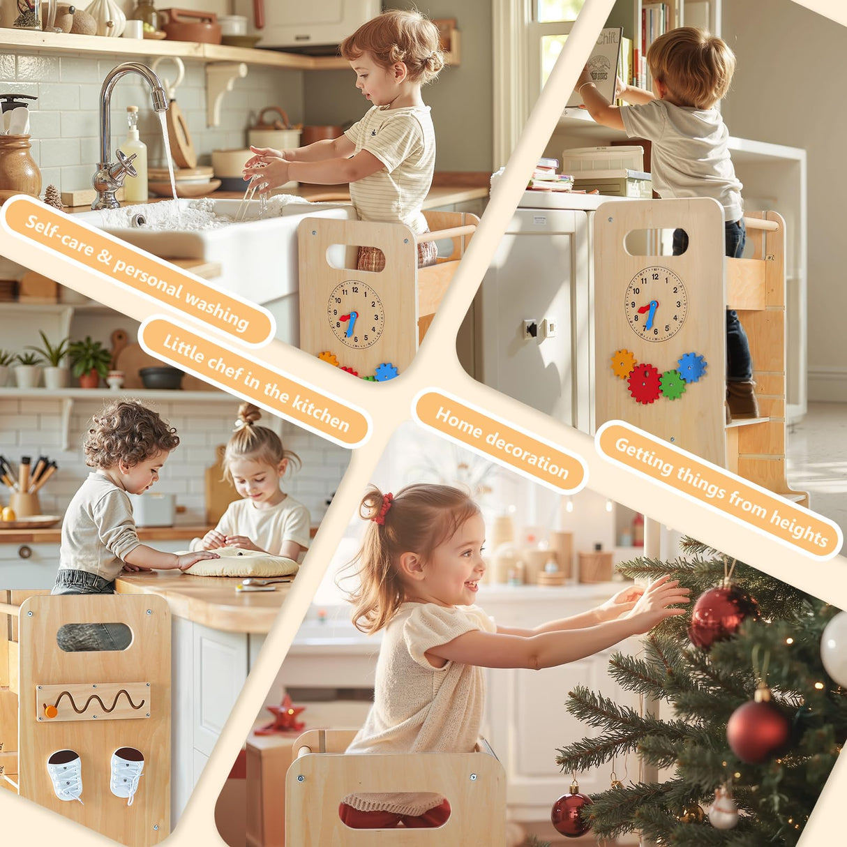 FlyingBoom Toddler Tower 4-in-1 Multifunctional Toddler Kitchen Stool Helper with Removable Safety Board, Adjustable Heights, Slide, Highchair, Chalkboard, Montessori Games FlyingBoom