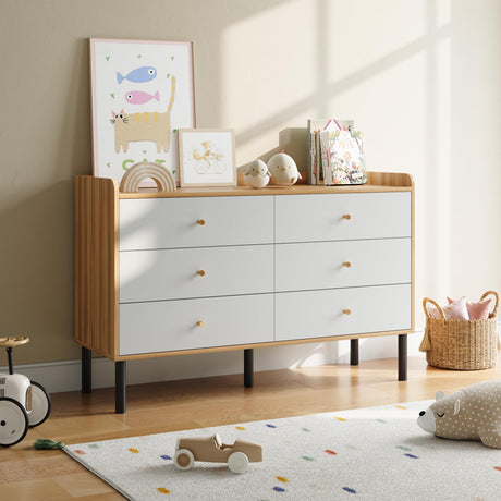 BAZELOR Kids Dresser for Bedroom, 6 Drawer Baby Dresser with Golden Handles, Modern Wood Chest for Hallway, Entryway, Nursery, White BAZELOR