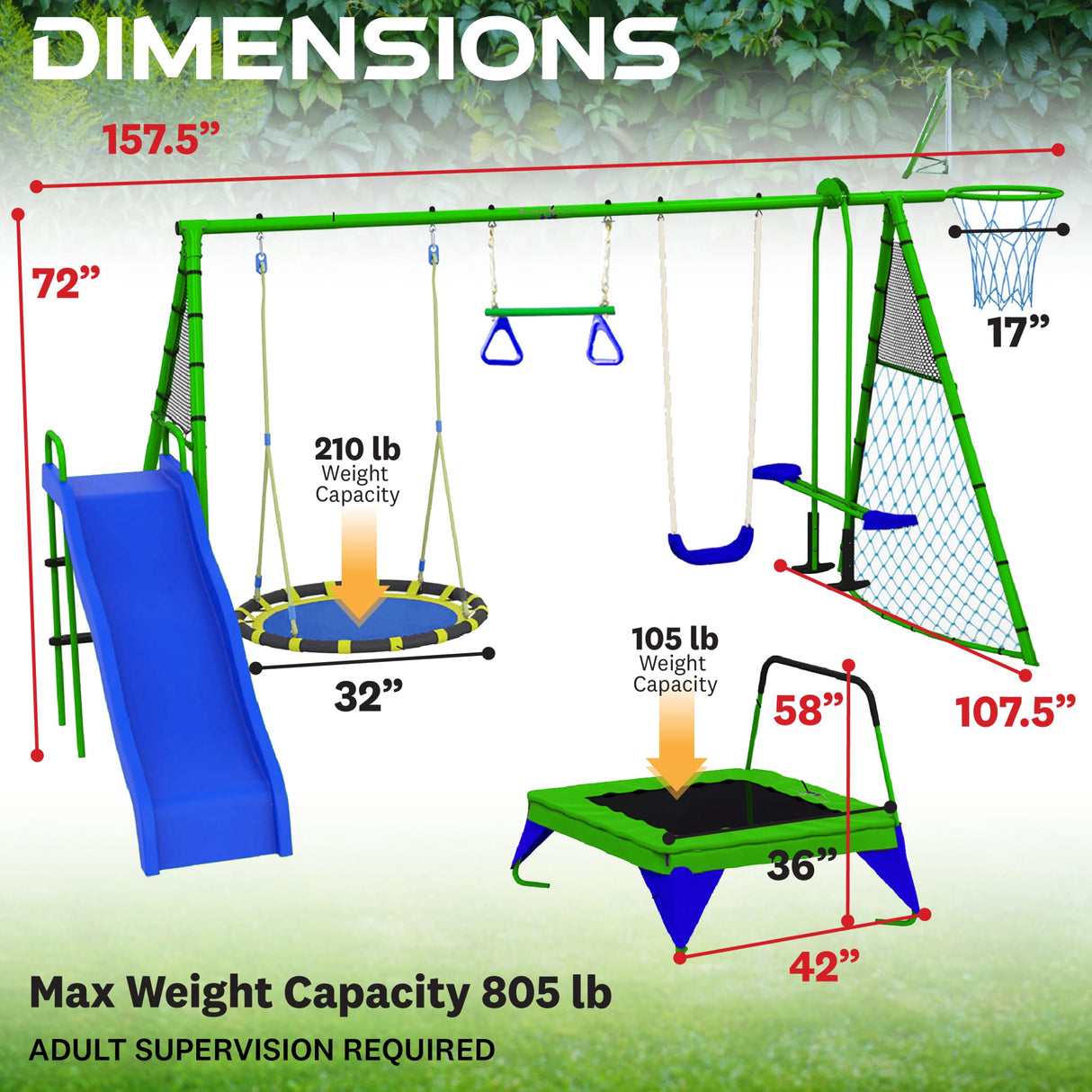FITNESS REALITY KIDS Sports Outdoor 8 Station Playground Set, Includes Swing Set, Slide, Monkey Bars, Basketball Hoop, Trampoline, Soccer and Basketball + Pump, Green FITNESS REALITY KIDS