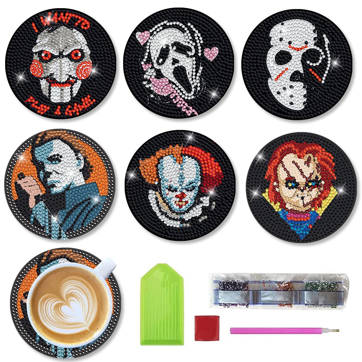 6 PCS Diamond Painting Coasters Kits with Holder Horror Halloween, DIY Funny Jack Skull Diamond Art Coaster Sets for Beginners Adults and Kids Art Craft Supplies Holiday Gift Bysincy