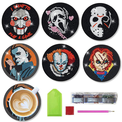 6 PCS Diamond Painting Coasters Kits with Holder Horror Halloween, DIY Funny Jack Skull Diamond Art Coaster Sets for Beginners Adults and Kids Art Craft Supplies Holiday Gift